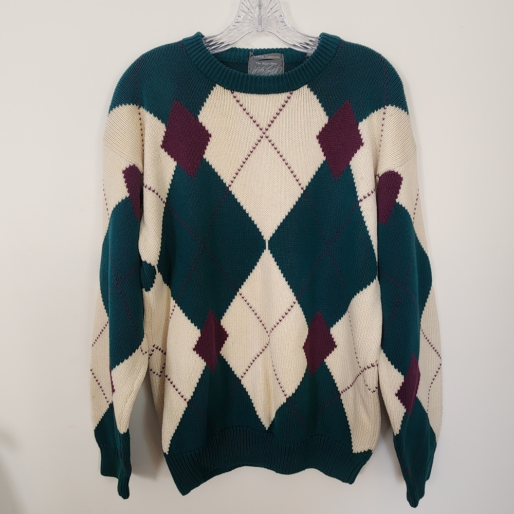 Lord & Taylor Vintage Mens Argyle Cotton Collection Hunter Green Purple Sweater